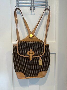 Vintage Perforated Leather Mini Backpack Black Tan Gold Hardware